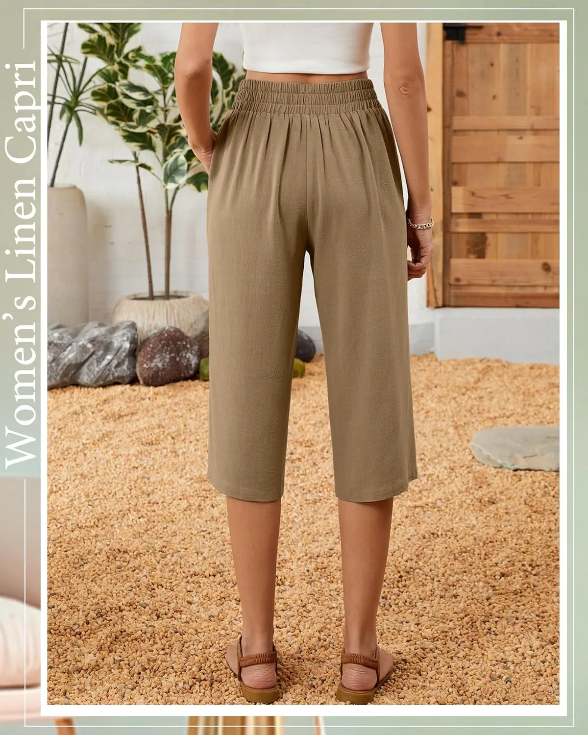 2 Pack Women's Linen Capri Pants Wide Leg Cropped Palazzo Trousers with Pockets High Waist Beach Summer Casual Pants
