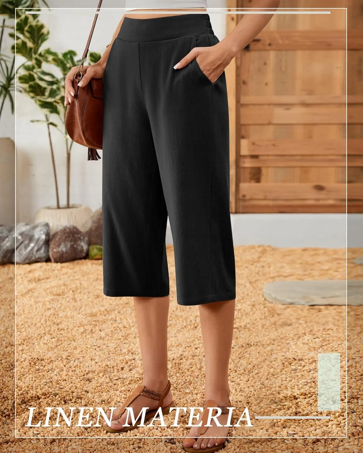 2 Pack Women's Linen Capri Pants Wide Leg Cropped Palazzo Trousers with Pockets High Waist Beach Summer Casual Pants