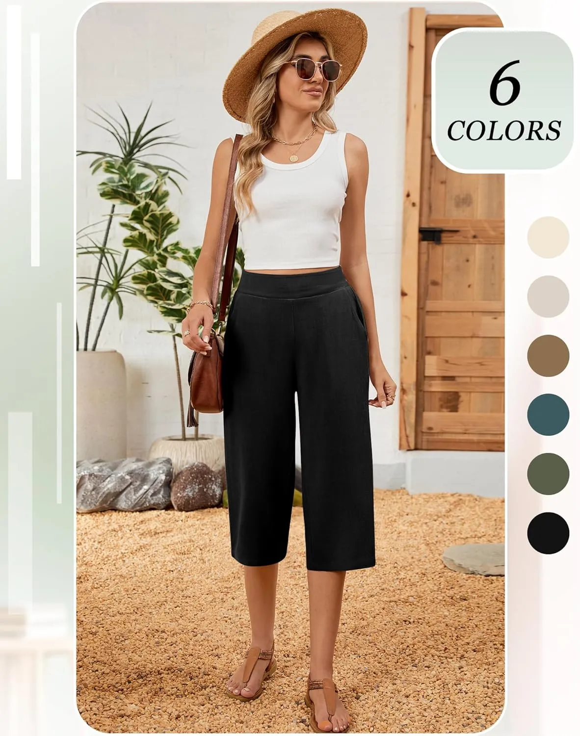 2 Pack Women's Linen Capri Pants Wide Leg Cropped Palazzo Trousers with Pockets High Waist Beach Summer Casual Pants