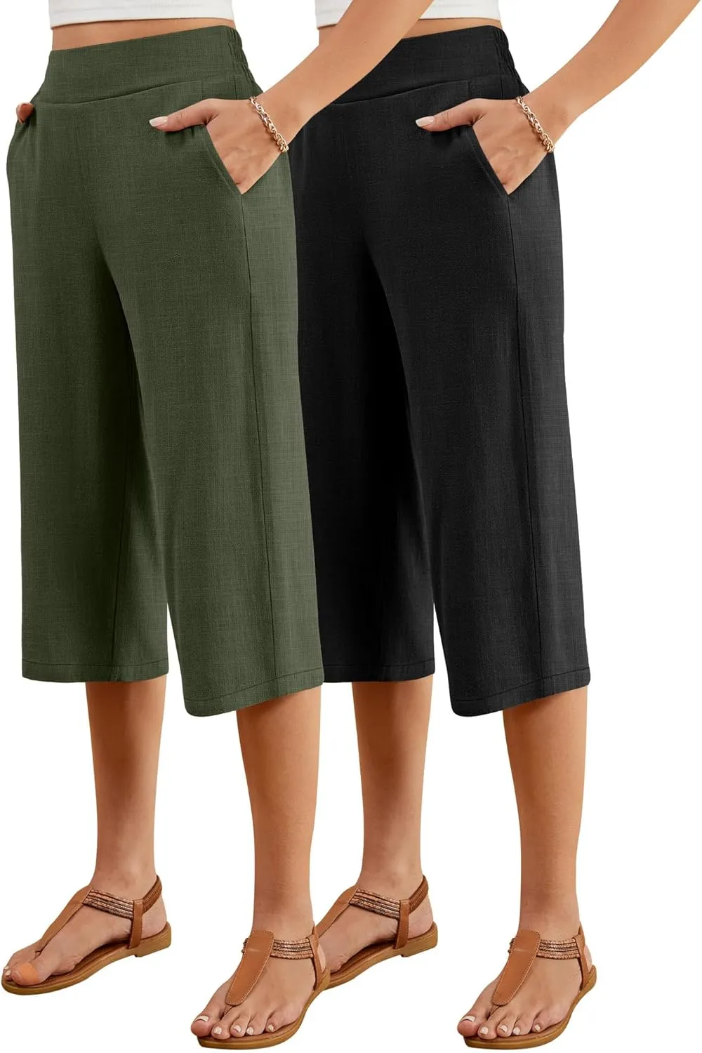 2 Pack Women's Linen Capri Pants Wide Leg Cropped Palazzo Trousers with Pockets High Waist Beach Summer Casual Pants