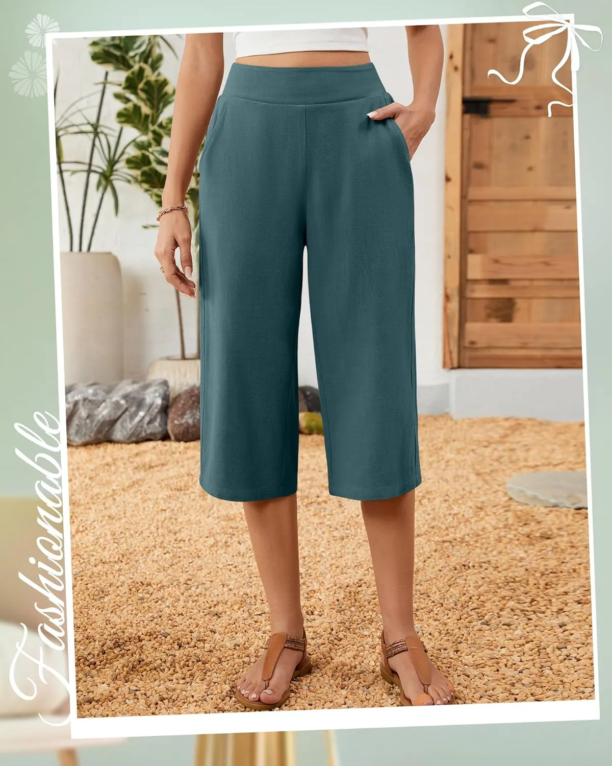 2 Pack Women's Linen Capri Pants Wide Leg Cropped Palazzo Trousers with Pockets High Waist Beach Summer Casual Pants