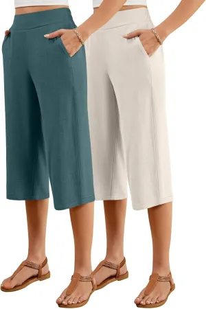2 Pack Women's Linen Capri Pants Wide Leg Cropped Palazzo Trousers with Pockets High Waist Beach Summer Casual Pants