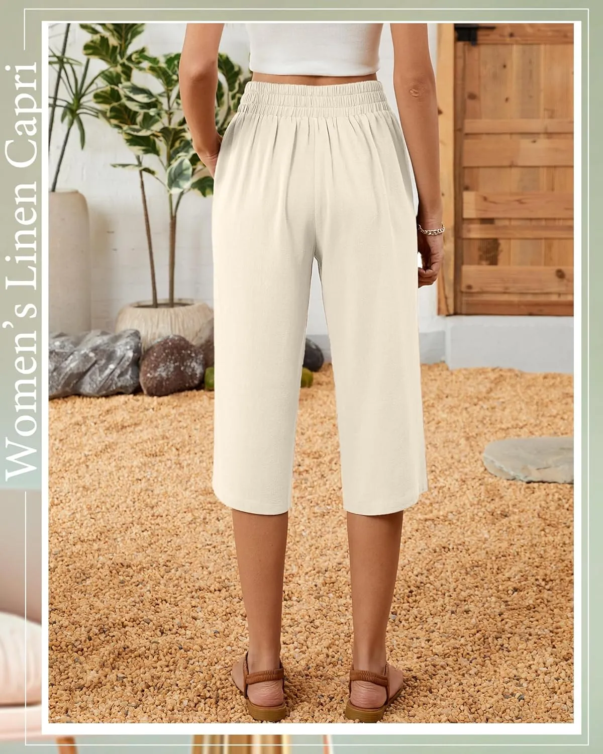 2 Pack Women's Linen Capri Pants Wide Leg Cropped Palazzo Trousers with Pockets High Waist Beach Summer Casual Pants