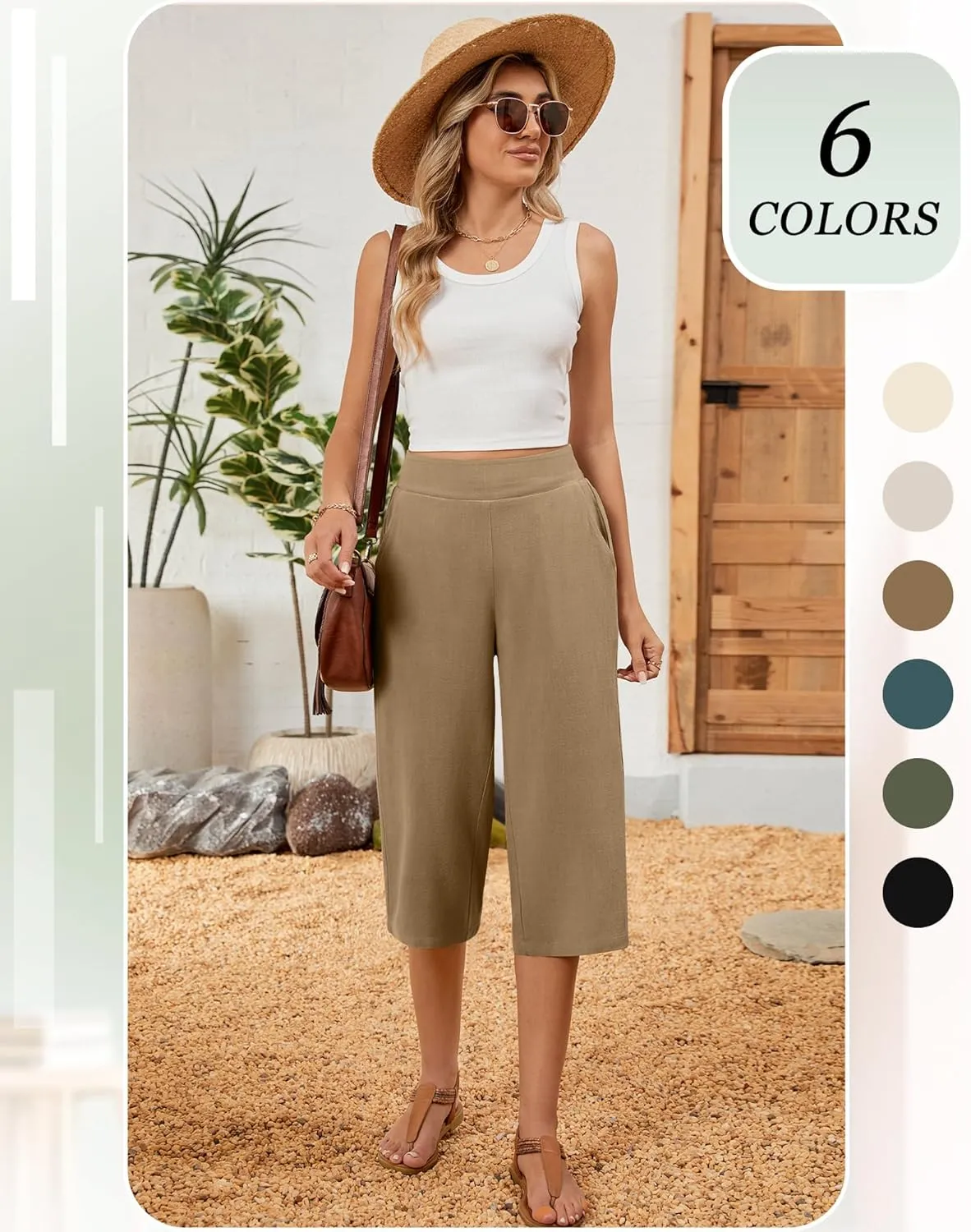 2 Pack Women's Linen Capri Pants Wide Leg Cropped Palazzo Trousers with Pockets High Waist Beach Summer Casual Pants