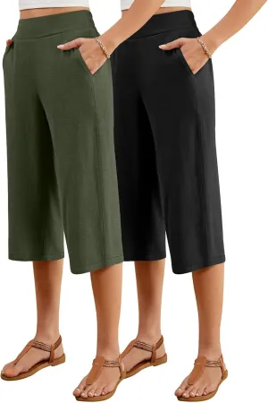 2 Pack Women's Linen Capri Pants Wide Leg Cropped Palazzo Trousers with Pockets High Waist Beach Summer Casual Pants