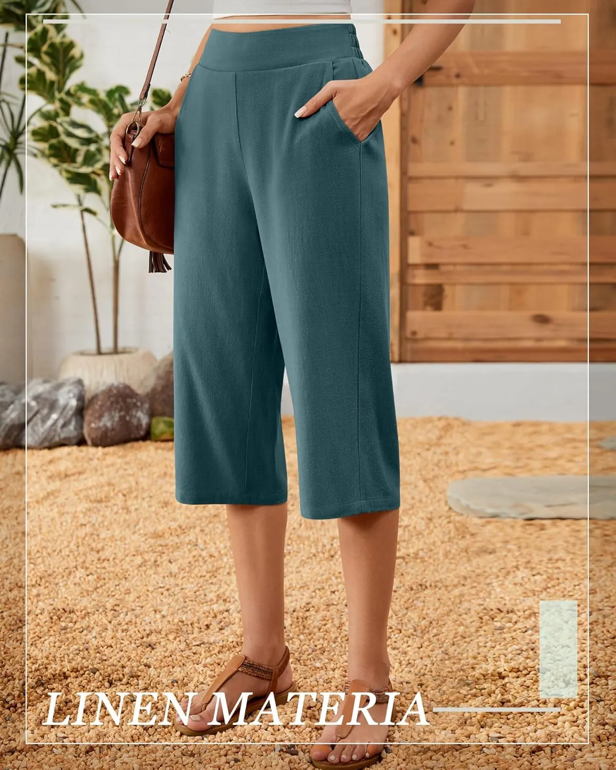2 Pack Women's Linen Capri Pants Wide Leg Cropped Palazzo Trousers with Pockets High Waist Beach Summer Casual Pants
