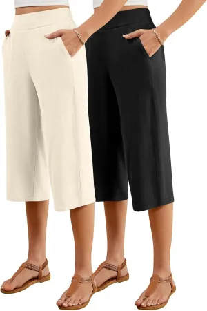 2 Pack Women's Linen Capri Pants Wide Leg Cropped Palazzo Trousers with Pockets High Waist Beach Summer Casual Pants
