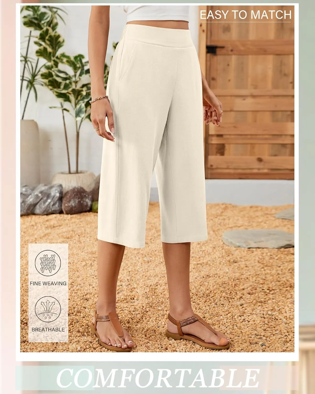 2 Pack Women's Linen Capri Pants Wide Leg Cropped Palazzo Trousers with Pockets High Waist Beach Summer Casual Pants