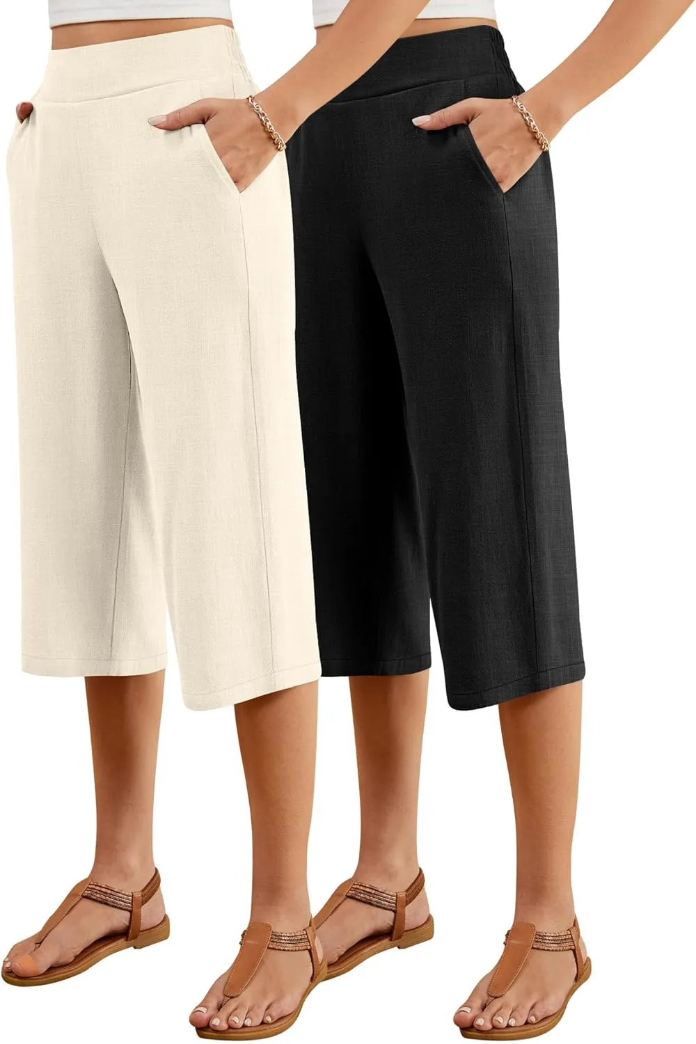 2 Pack Women's Linen Capri Pants Wide Leg Cropped Palazzo Trousers with Pockets High Waist Beach Summer Casual Pants