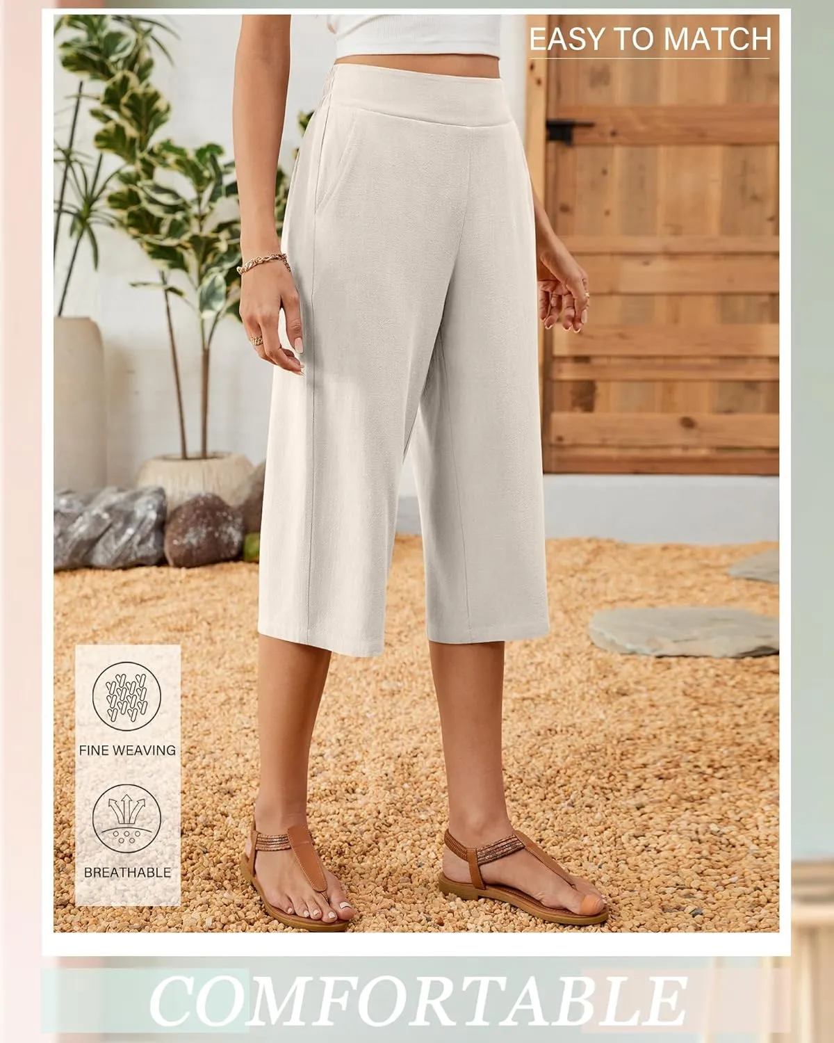 2 Pack Women's Linen Capri Pants Wide Leg Cropped Palazzo Trousers with Pockets High Waist Beach Summer Casual Pants
