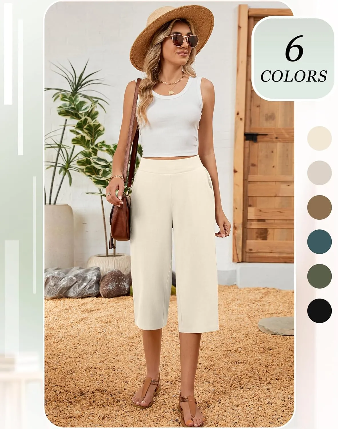 2 Pack Women's Linen Capri Pants Wide Leg Cropped Palazzo Trousers with Pockets High Waist Beach Summer Casual Pants