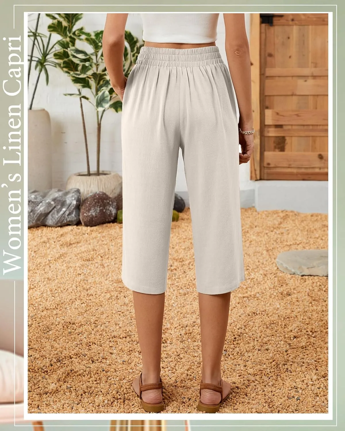2 Pack Women's Linen Capri Pants Wide Leg Cropped Palazzo Trousers with Pockets High Waist Beach Summer Casual Pants