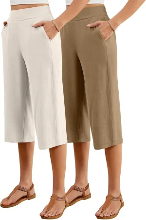 2 Pack Women's Linen Capri Pants Wide Leg Cropped Palazzo Trousers with Pockets High Waist Beach Summer Casual Pants