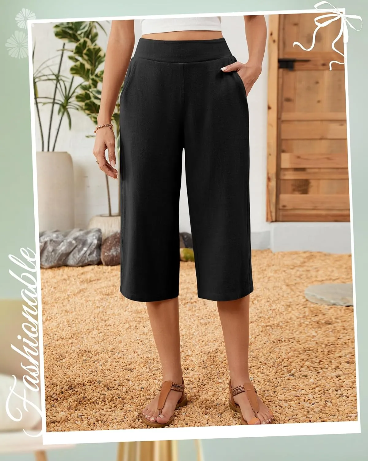 2 Pack Women's Linen Capri Pants Wide Leg Cropped Palazzo Trousers with Pockets High Waist Beach Summer Casual Pants