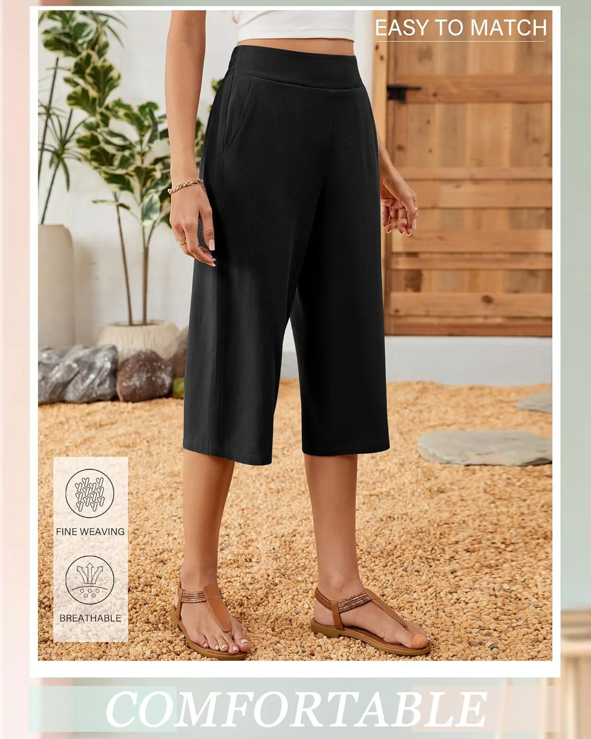 2 Pack Women's Linen Capri Pants Wide Leg Cropped Palazzo Trousers with Pockets High Waist Beach Summer Casual Pants