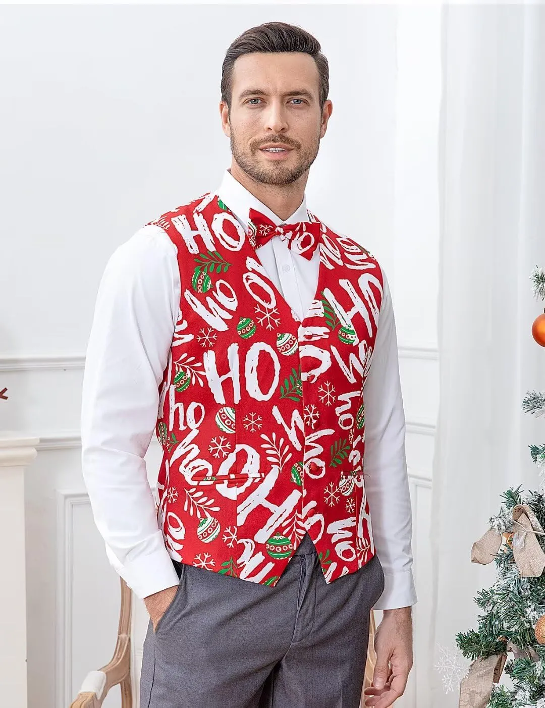 2-Piece Mens Halloween Christmas Suit Vest & Bow Tie S-3XL