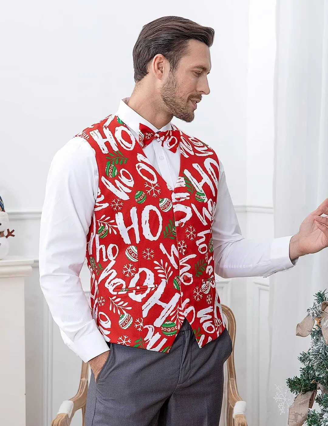 2-Piece Mens Halloween Christmas Suit Vest & Bow Tie S-3XL