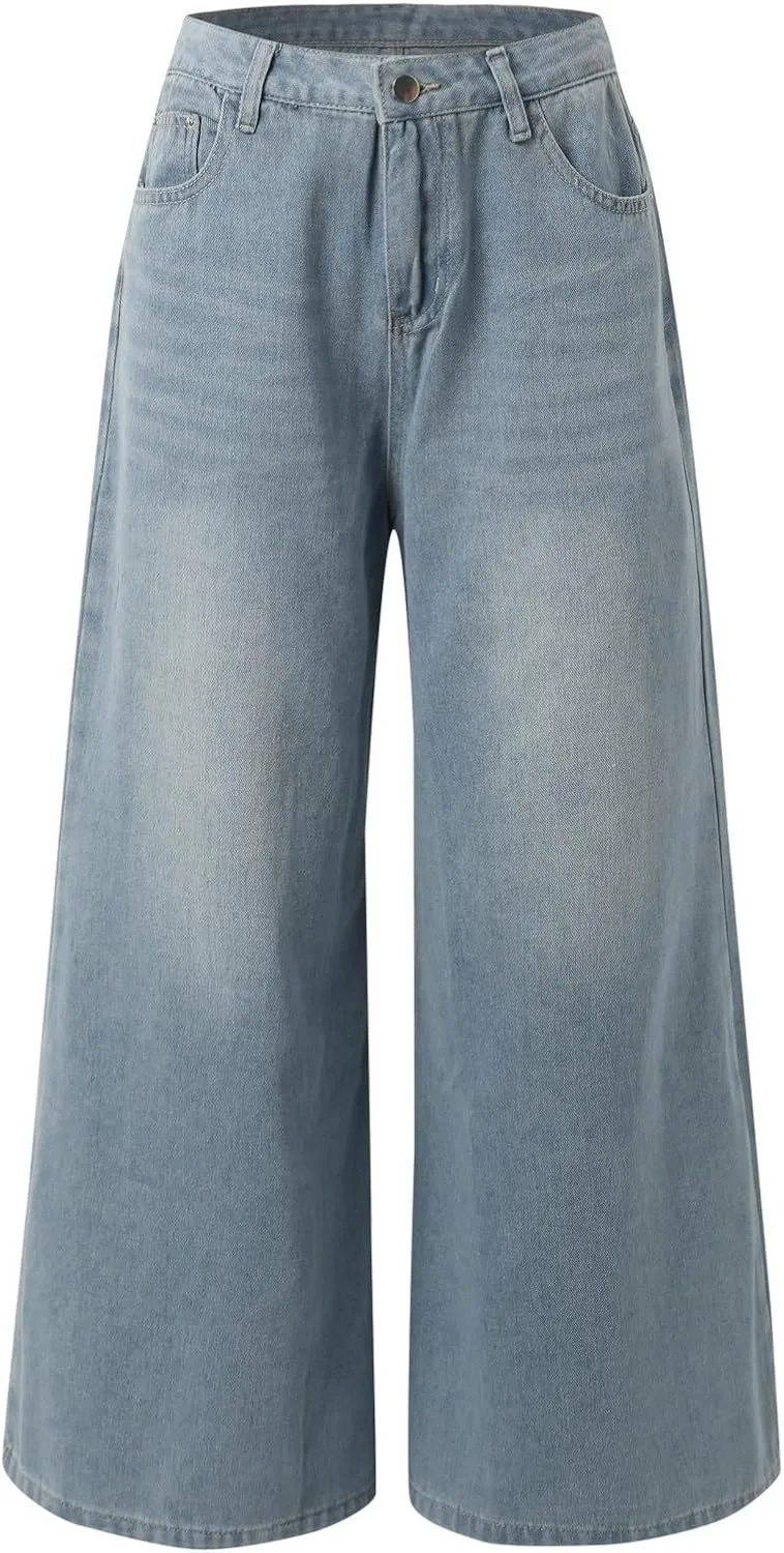 2024 Women's Extra Wide Leg Jeans High Waistled Palazzo Culottes Denim Pants Plus Size Casual Loose Fit with Pockets