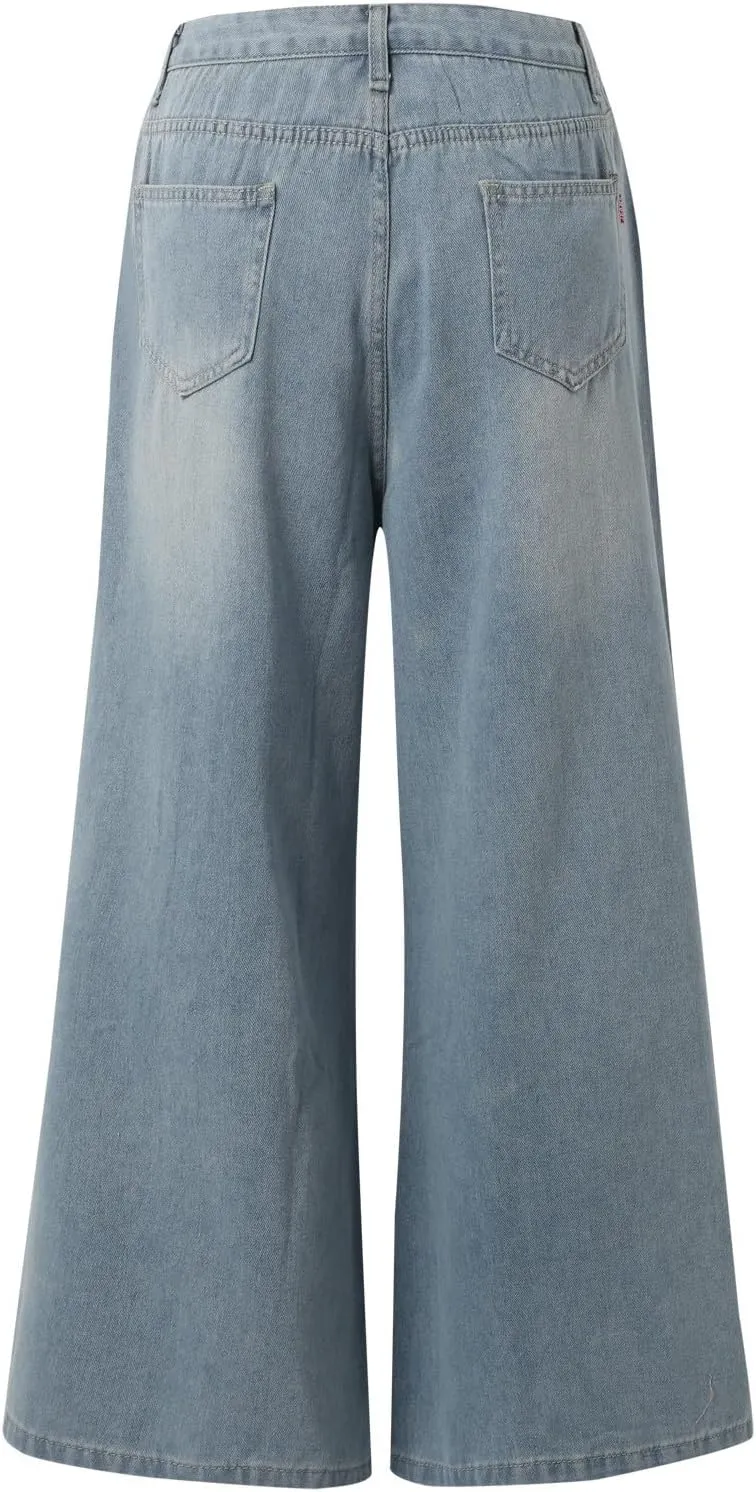 2024 Women's Extra Wide Leg Jeans High Waistled Palazzo Culottes Denim Pants Plus Size Casual Loose Fit with Pockets