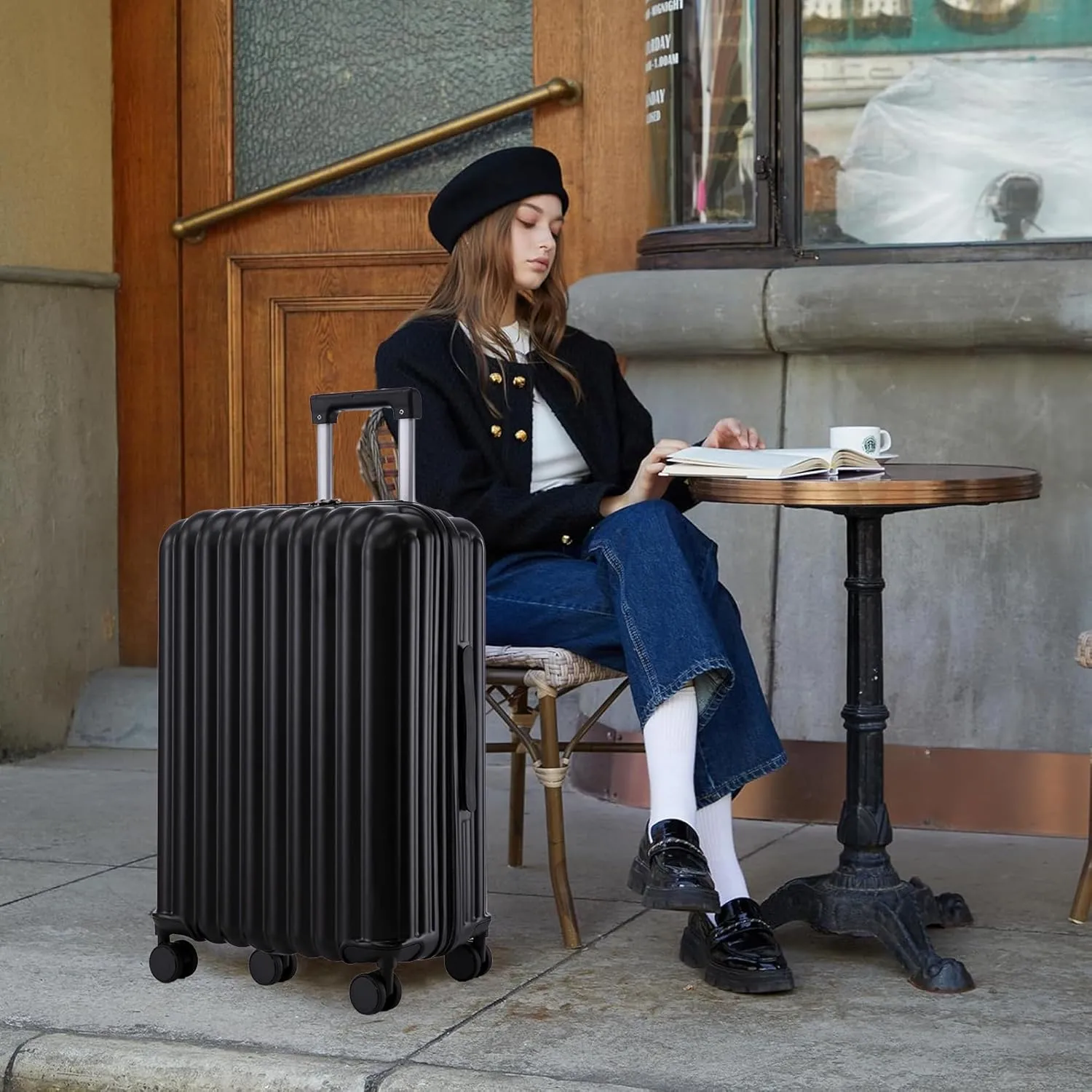 (20/24/28 Inch Hardshell Luggage Set of 3 with ABS Spinner Wheel, Carry On Expandable Hardside Travel Suitcase Built-in Cup Holder & USB Port & Phone Holder, Black