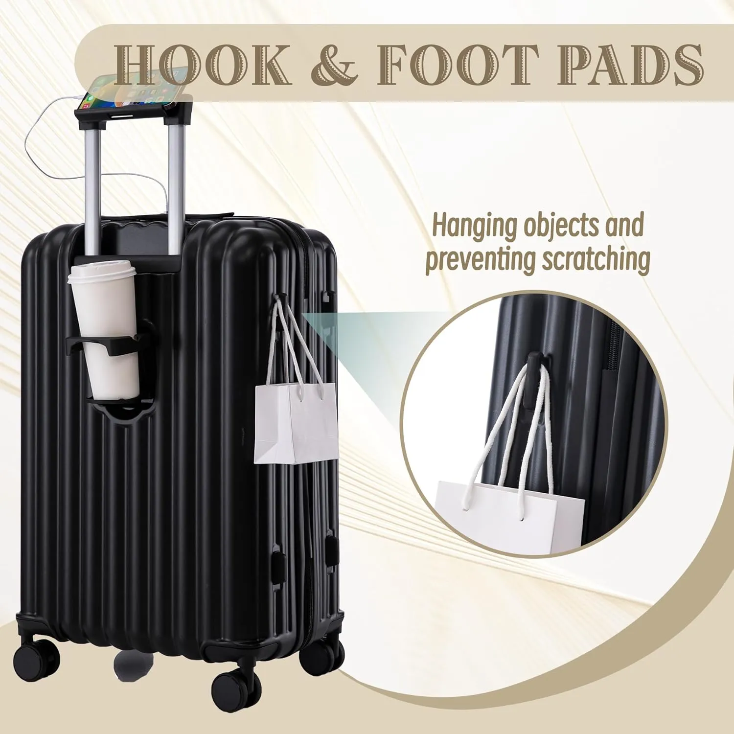 (20/24/28 Inch Hardshell Luggage Set of 3 with ABS Spinner Wheel, Carry On Expandable Hardside Travel Suitcase Built-in Cup Holder & USB Port & Phone Holder, Black