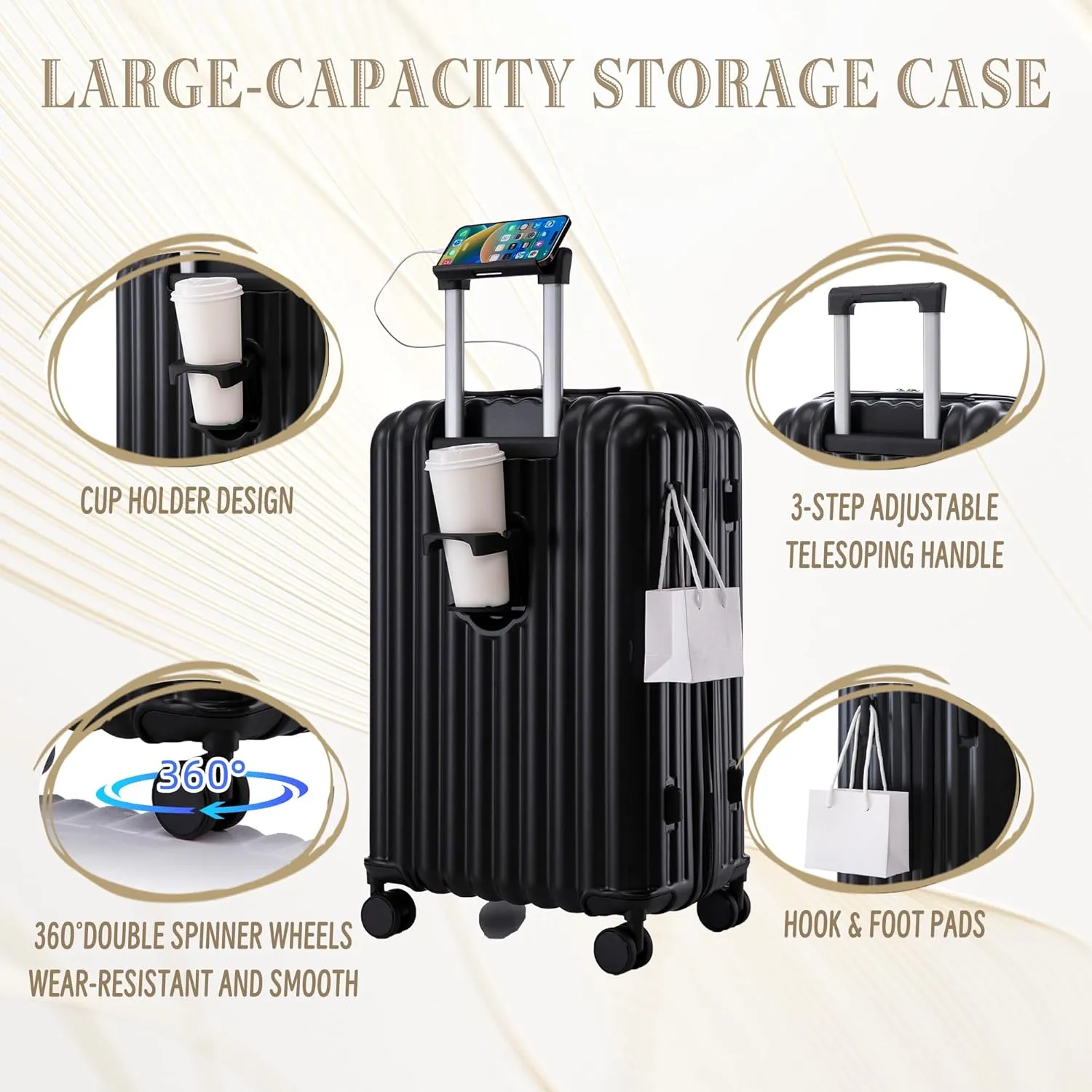 (20/24/28 Inch Hardshell Luggage Set of 3 with ABS Spinner Wheel, Carry On Expandable Hardside Travel Suitcase Built-in Cup Holder & USB Port & Phone Holder, Black