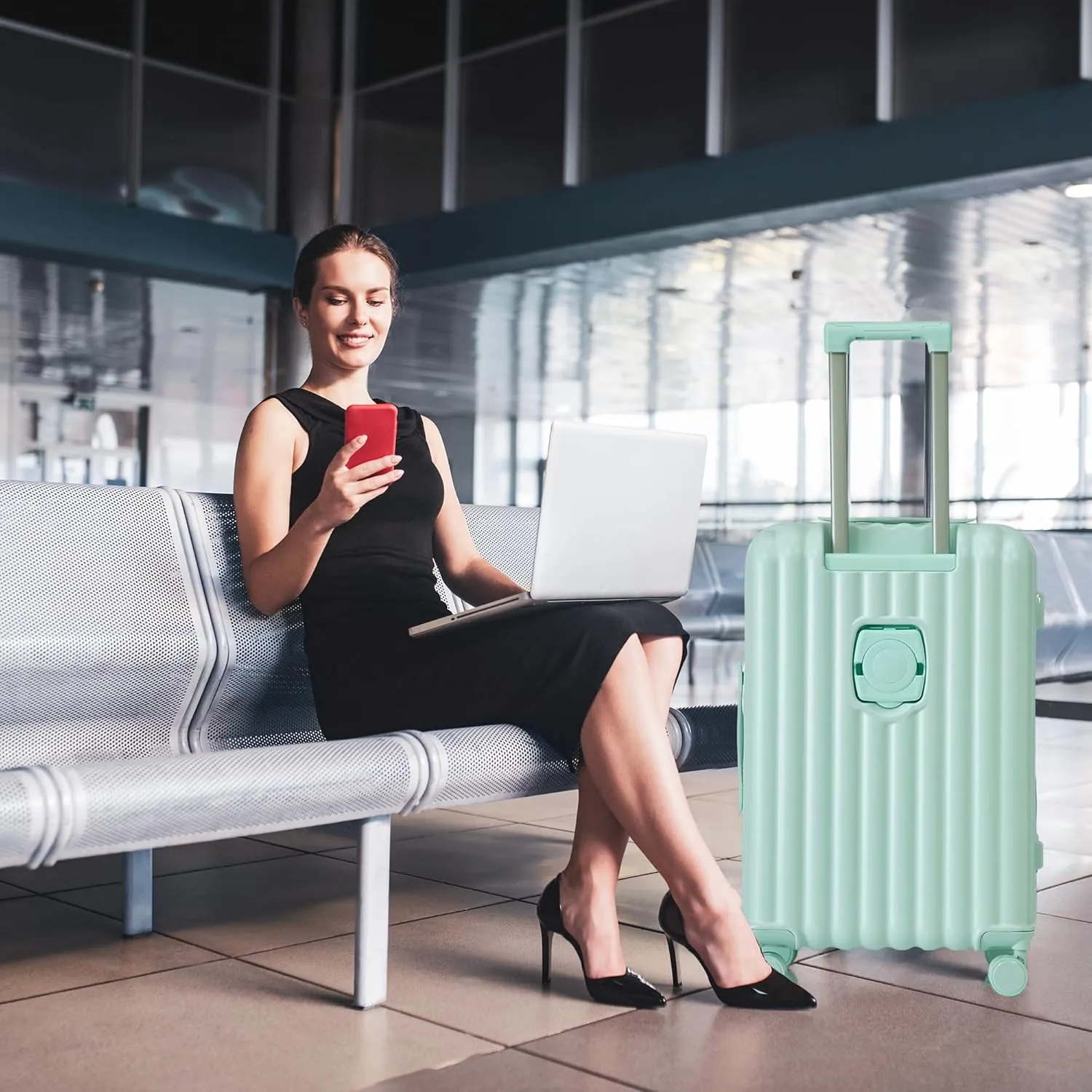 (20/24/28 Inch Hardshell Luggage Set of 3 with ABS Spinner Wheel, Carry On Expandable Hardside Travel Suitcase Built-in Cup Holder & USB Port & Phone Holder, Mint Green