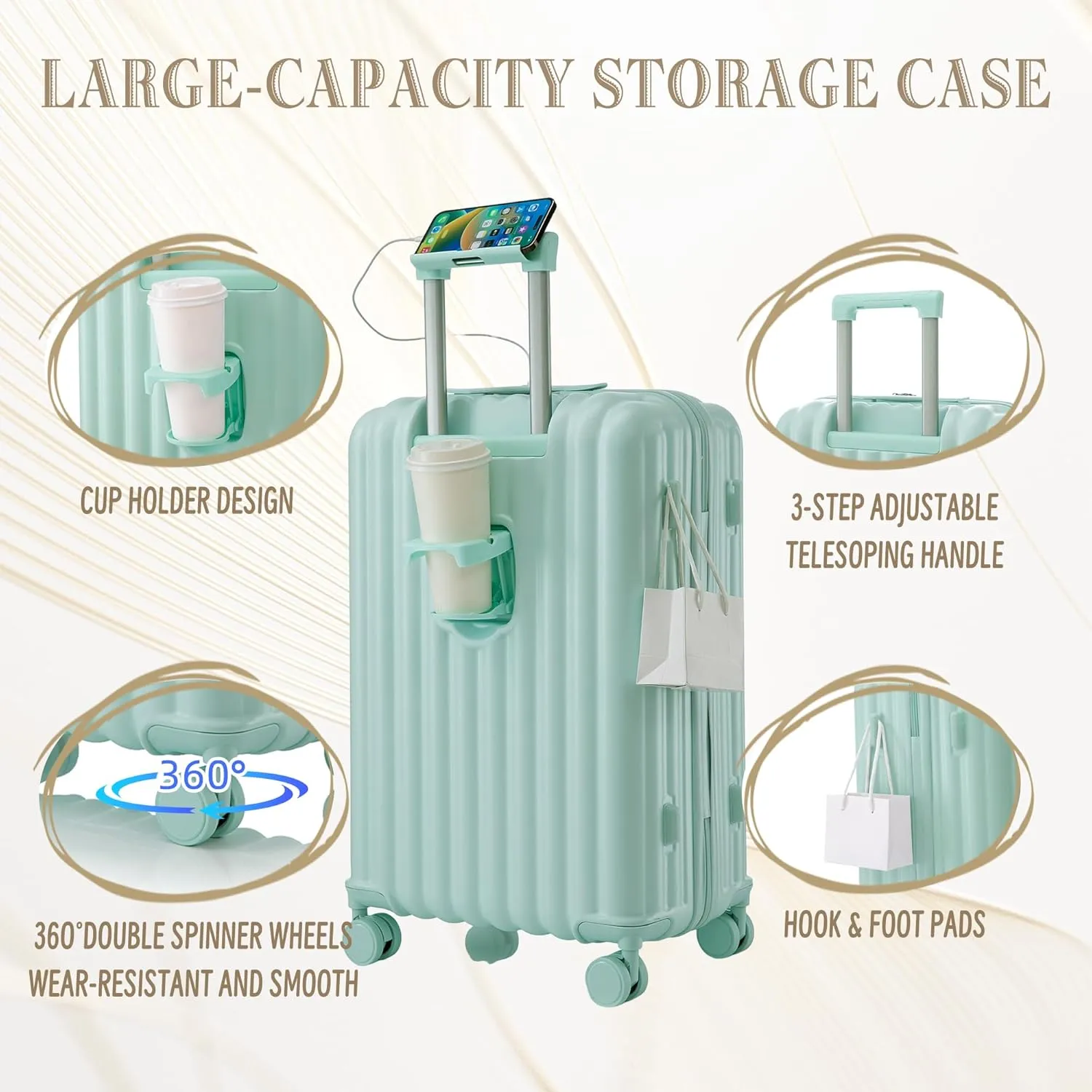 (20/24/28 Inch Hardshell Luggage Set of 3 with ABS Spinner Wheel, Carry On Expandable Hardside Travel Suitcase Built-in Cup Holder & USB Port & Phone Holder, Mint Green