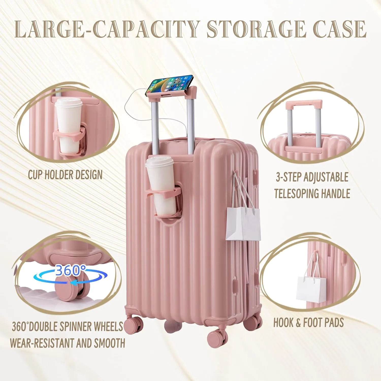 (20/24/28 Inch Hardshell Luggage Set of 3 with ABS Spinner Wheel, Carry On Expandable Hardside Travel Suitcase Built-in Cup Holder & USB Port & Phone Holder, Pink