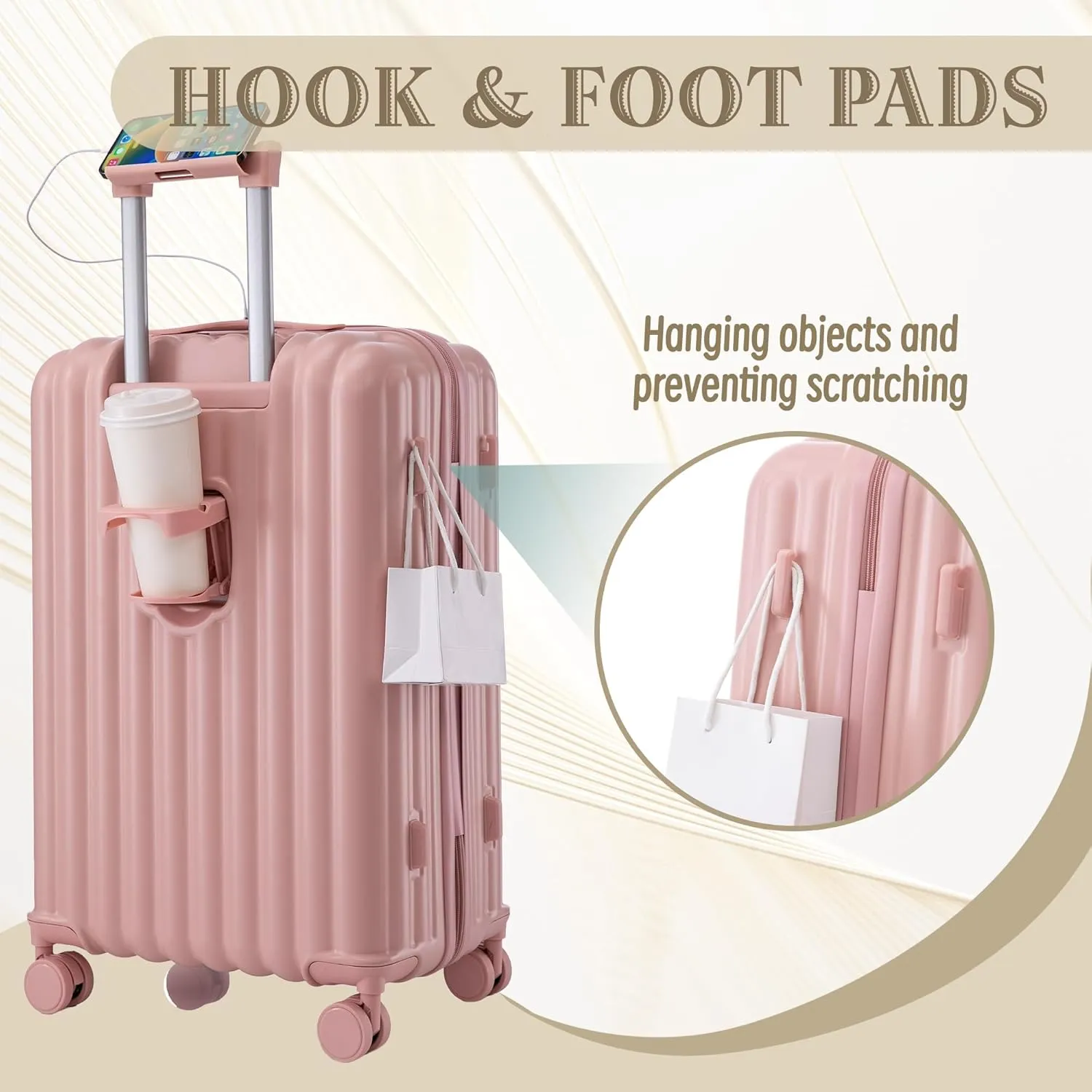 (20/24/28 Inch Hardshell Luggage Set of 3 with ABS Spinner Wheel, Carry On Expandable Hardside Travel Suitcase Built-in Cup Holder & USB Port & Phone Holder, Pink