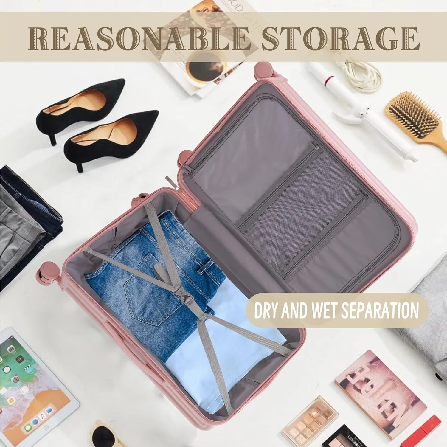 (20/24/28 Inch Hardshell Luggage Set of 3 with ABS Spinner Wheel, Carry On Expandable Hardside Travel Suitcase Built-in Cup Holder & USB Port & Phone Holder, Pink