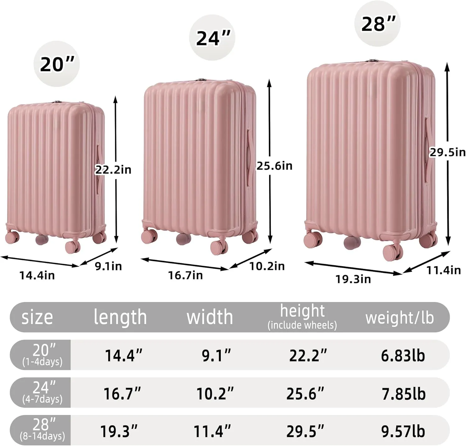 (20/24/28 Inch Hardshell Luggage Set of 3 with ABS Spinner Wheel, Carry On Expandable Hardside Travel Suitcase Built-in Cup Holder & USB Port & Phone Holder, Pink