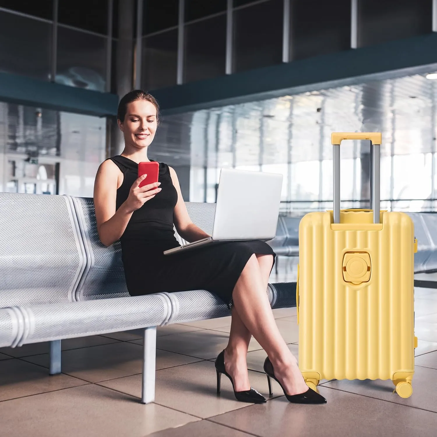 (20/24/28 Inch Hardshell Luggage Set of 3 with ABS Spinner Wheel, Carry On Expandable Hardside Travel Suitcase Built-in Cup Holder & USB Port & Phone Holder, Yellow