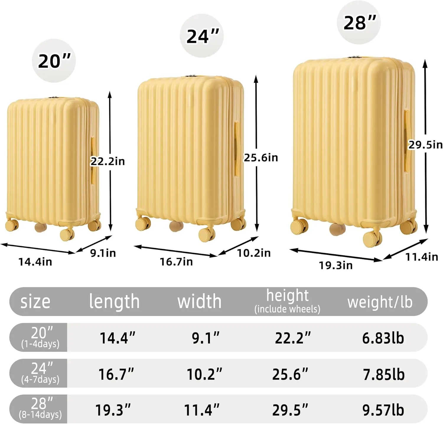 (20/24/28 Inch Hardshell Luggage Set of 3 with ABS Spinner Wheel, Carry On Expandable Hardside Travel Suitcase Built-in Cup Holder & USB Port & Phone Holder, Yellow
