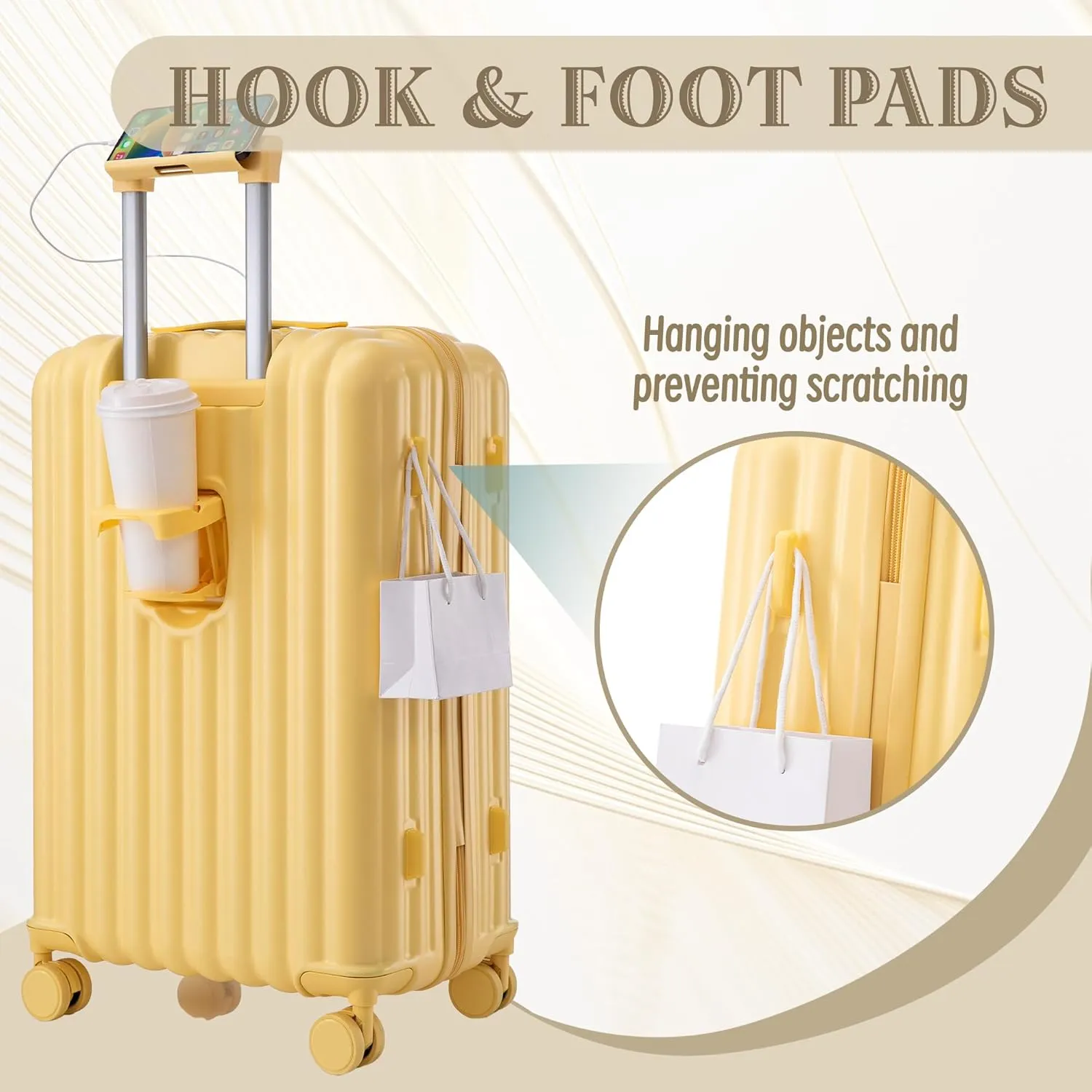 (20/24/28 Inch Hardshell Luggage Set of 3 with ABS Spinner Wheel, Carry On Expandable Hardside Travel Suitcase Built-in Cup Holder & USB Port & Phone Holder, Yellow