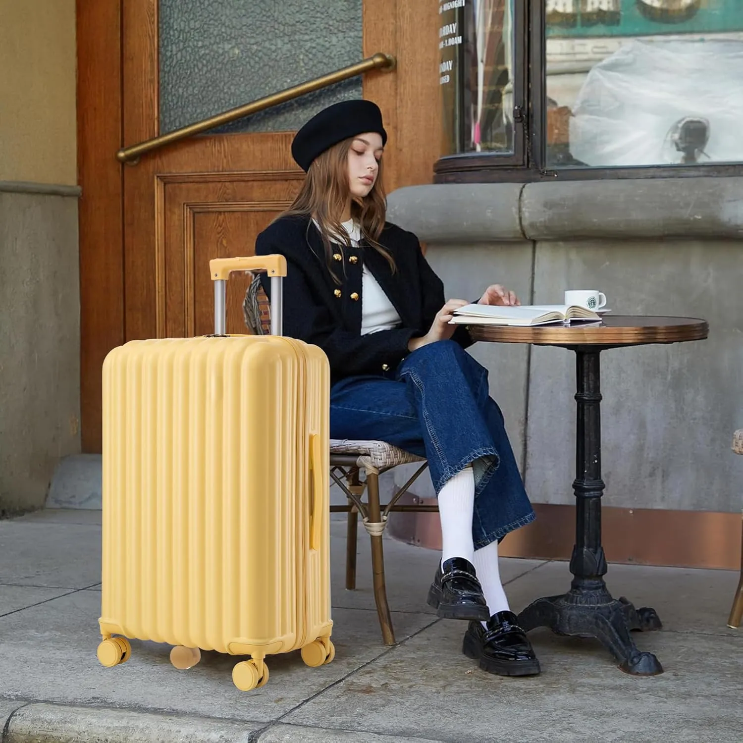 (20/24/28 Inch Hardshell Luggage Set of 3 with ABS Spinner Wheel, Carry On Expandable Hardside Travel Suitcase Built-in Cup Holder & USB Port & Phone Holder, Yellow