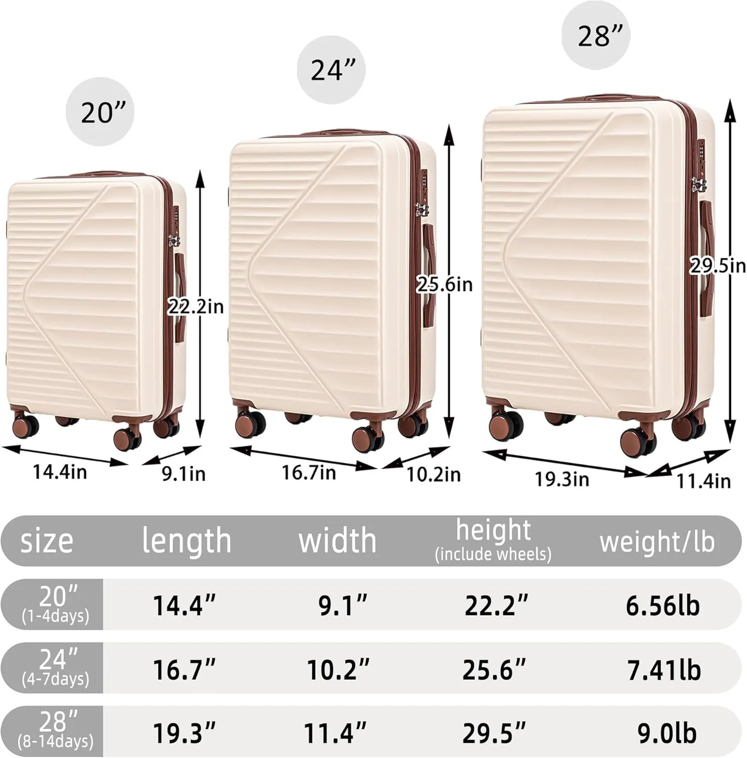 (20/24/28 Inch Hardshell Luggage Set of 3 with ABS Spinner Wheel, Carry On Expandable Lightweight Hardside Travel Suitcase with TSA Combination Lock, Hard Case, Beige