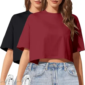 2PC Women's Basic Crop Top Drop Shoulder T Shirt Half Sleeve Cropped Tee Crewneck Short Sleeve Casual Summer Top
