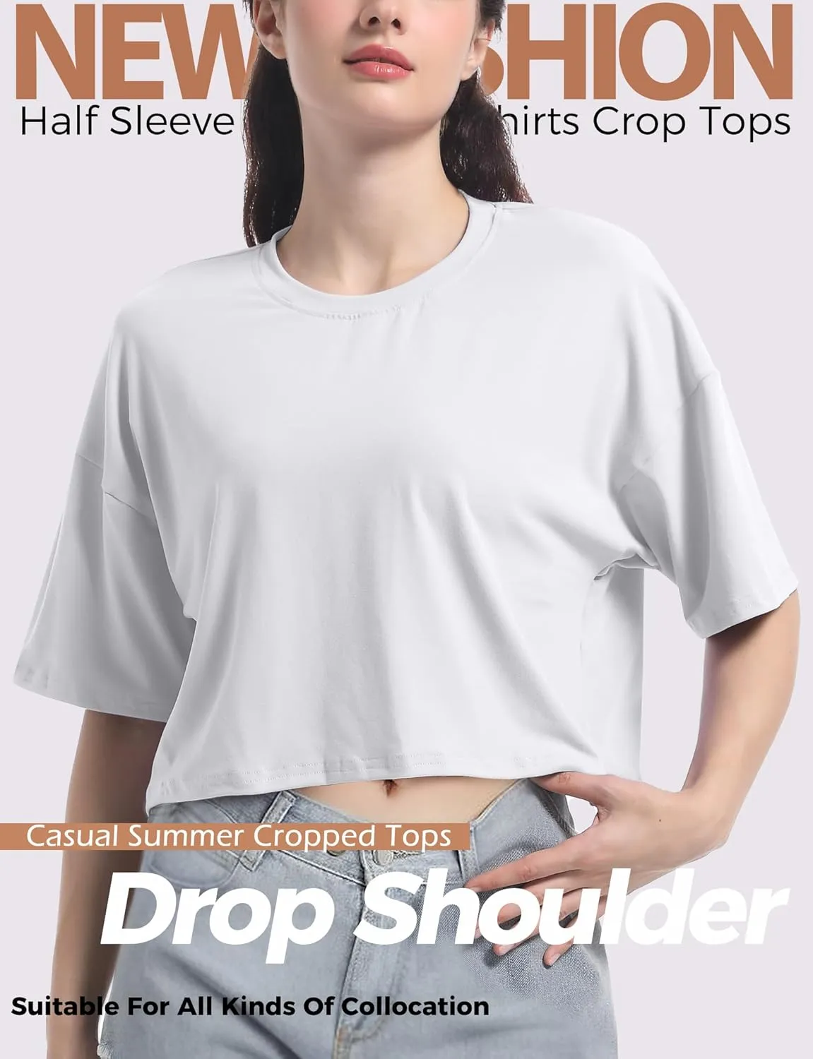 2PC Women's Basic Crop Top Drop Shoulder T Shirt Half Sleeve Cropped Tee Crewneck Short Sleeve Casual Summer Top