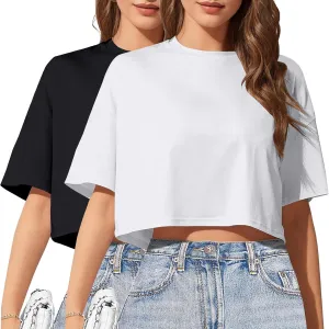 2PC Women's Basic Crop Top Drop Shoulder T Shirt Half Sleeve Cropped Tee Crewneck Short Sleeve Casual Summer Top