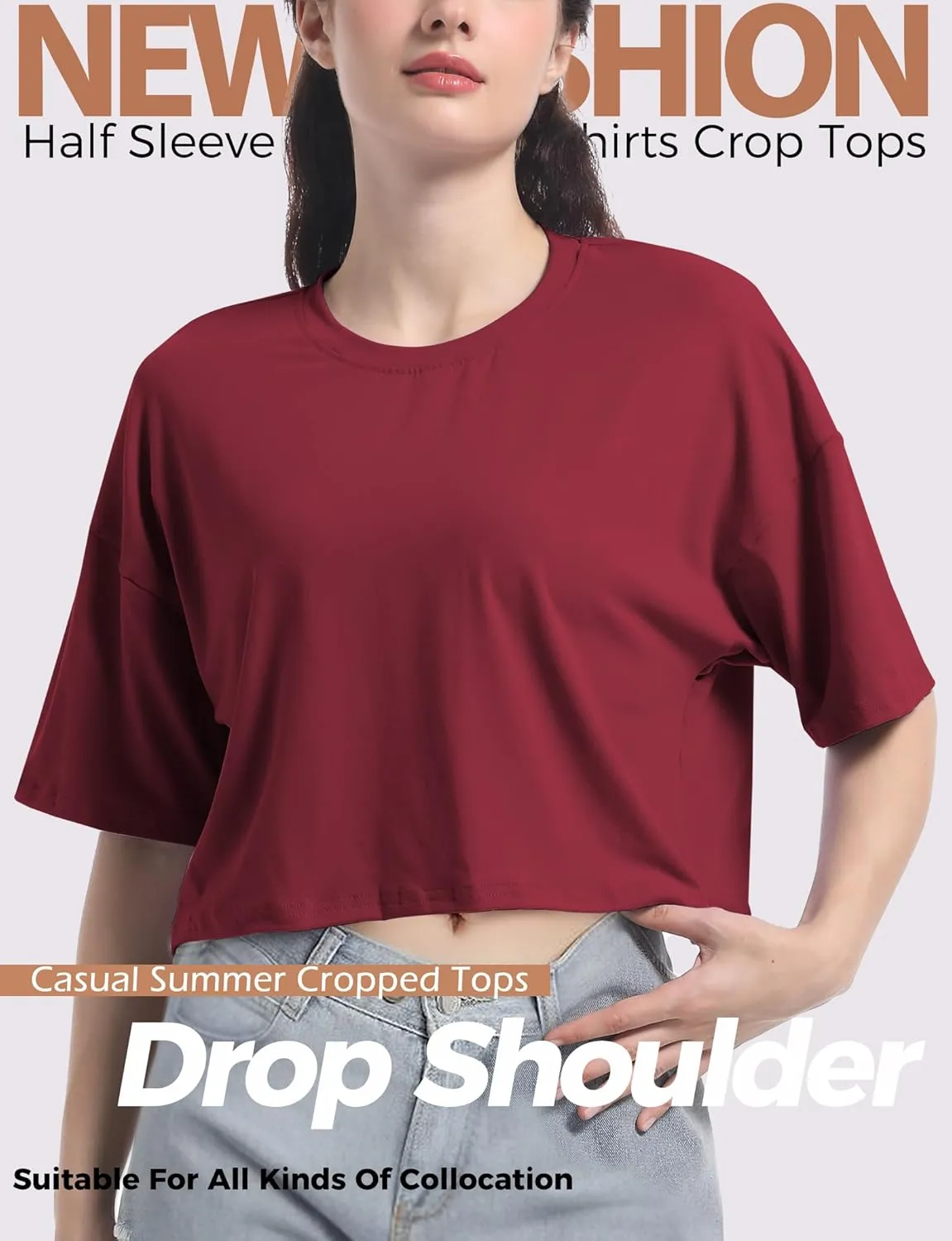 2PC Women's Basic Crop Top Drop Shoulder T Shirt Half Sleeve Cropped Tee Crewneck Short Sleeve Casual Summer Top