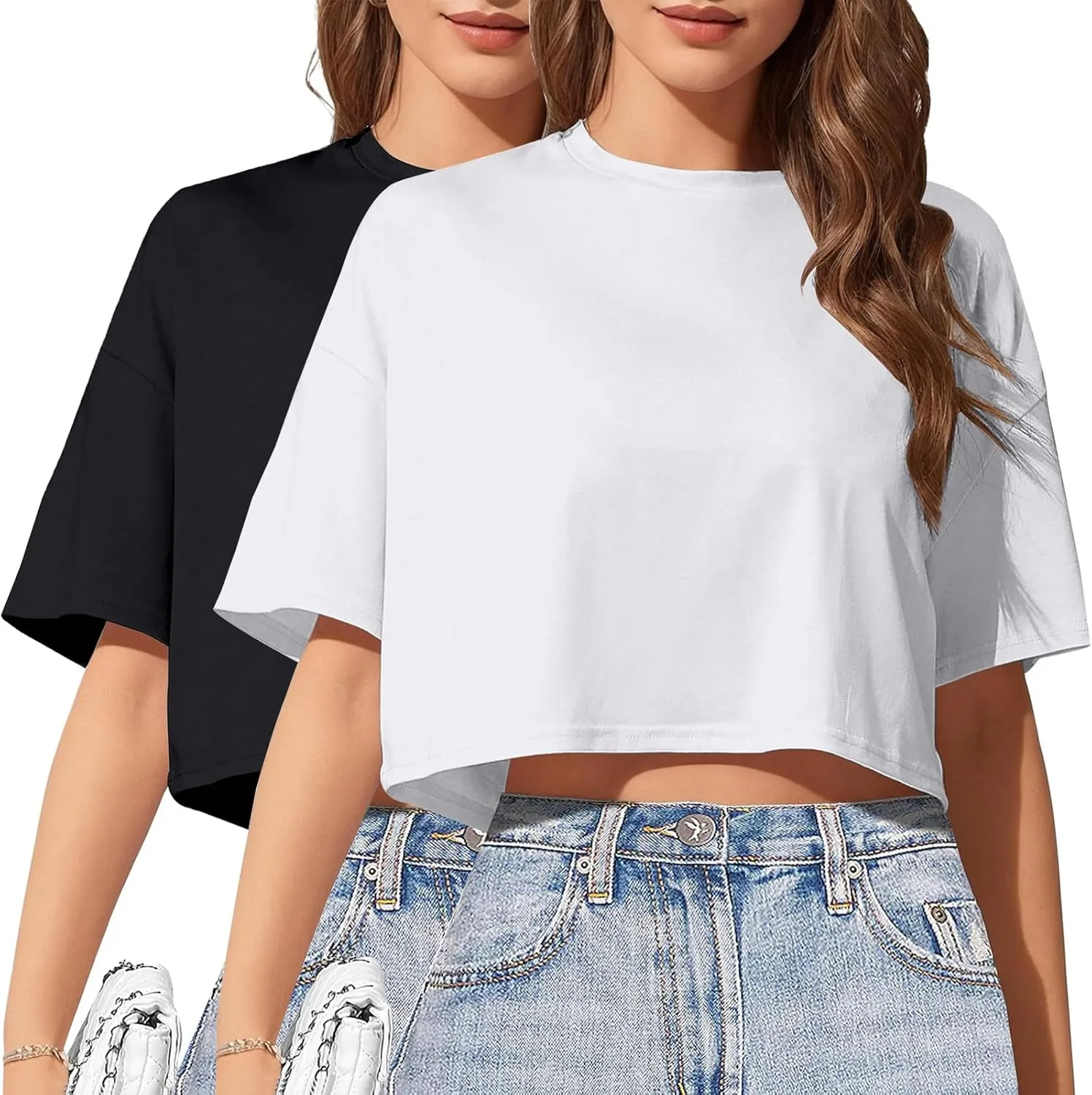 2PC Women's Basic Crop Top Drop Shoulder T Shirt Half Sleeve Cropped Tee Crewneck Short Sleeve Casual Summer Top