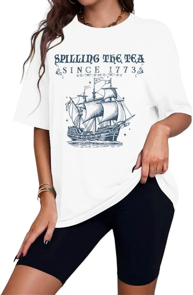 4th of July Shirts Women Spilling The Tea Since 1773 Shirt Patriotic T-Shirt American History Teacher Vintage Tee Tops