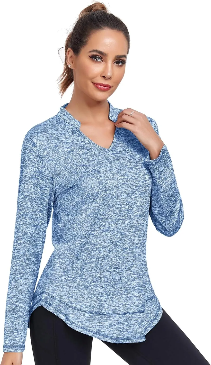 Absttith Women's Long Sleeve Workout Shirts Running Yoga Tops Athletic V Neck Sport Tee Side Split
