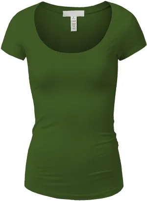 Active Basic Womens Plain Basic Deep Scoop Neck with Cap Short Sleeves