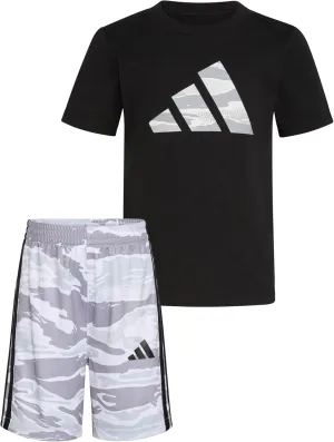 adidas Boys Short Sleeve Cotton Tee Shirt and Aop Camo Short Set