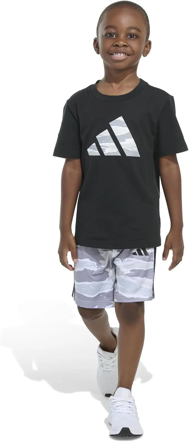 adidas Boys Short Sleeve Cotton Tee Shirt and Aop Camo Short Set