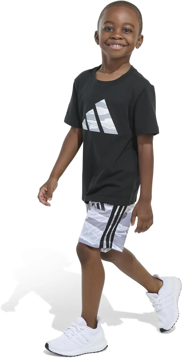adidas Boys Short Sleeve Cotton Tee Shirt and Aop Camo Short Set
