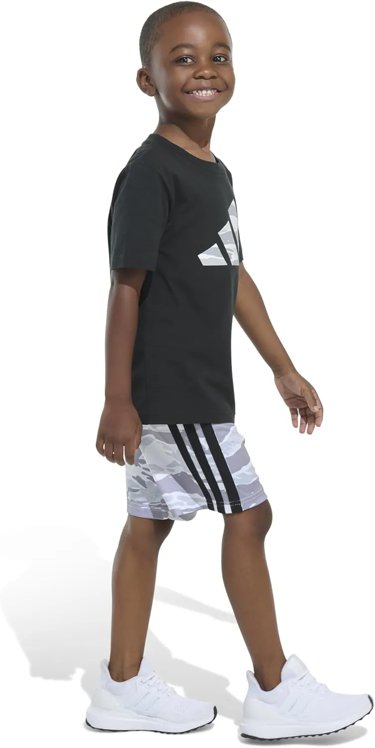 adidas Boys Short Sleeve Cotton Tee Shirt and Aop Camo Short Set