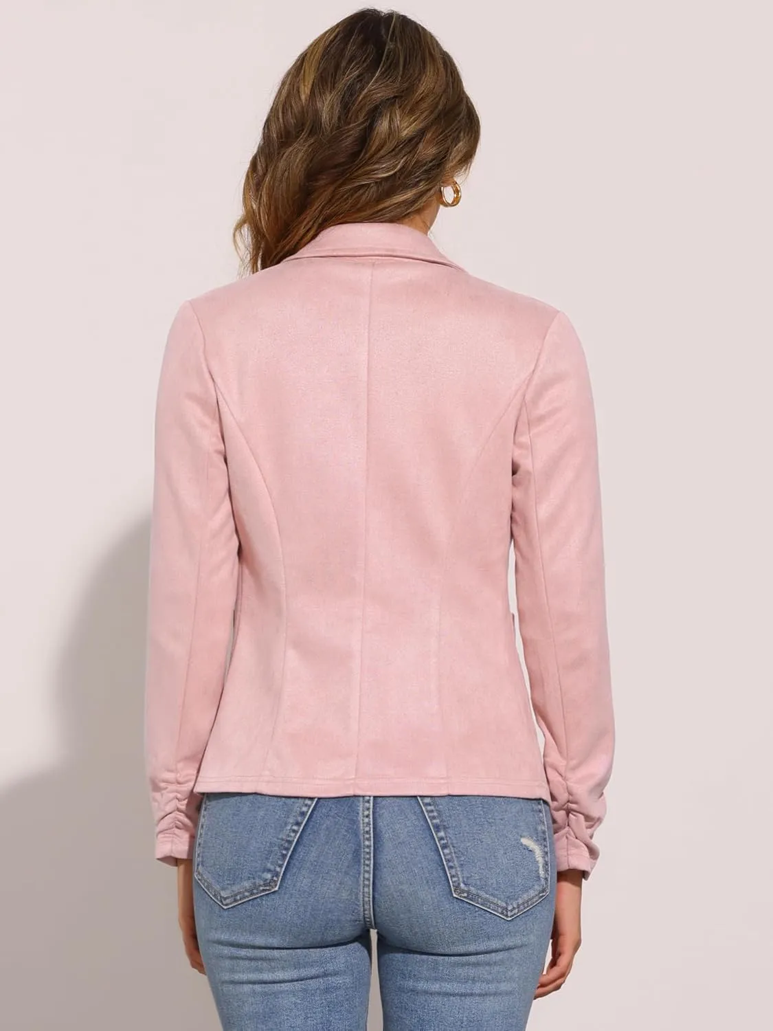 Allegra K Women's Long Sleeve Casual Open Front Drawstring Faux Suede Blazer